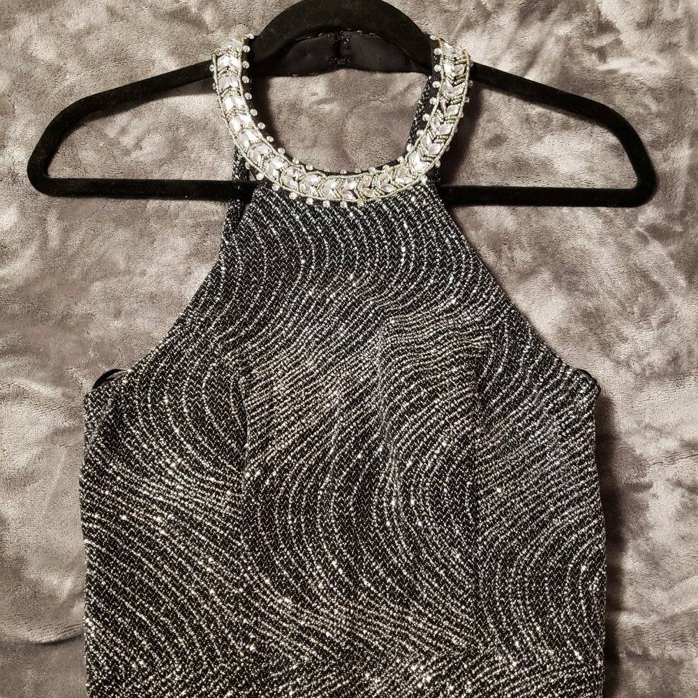 Stunning black and silver full length prom or evening dress - size 9 (brand new)